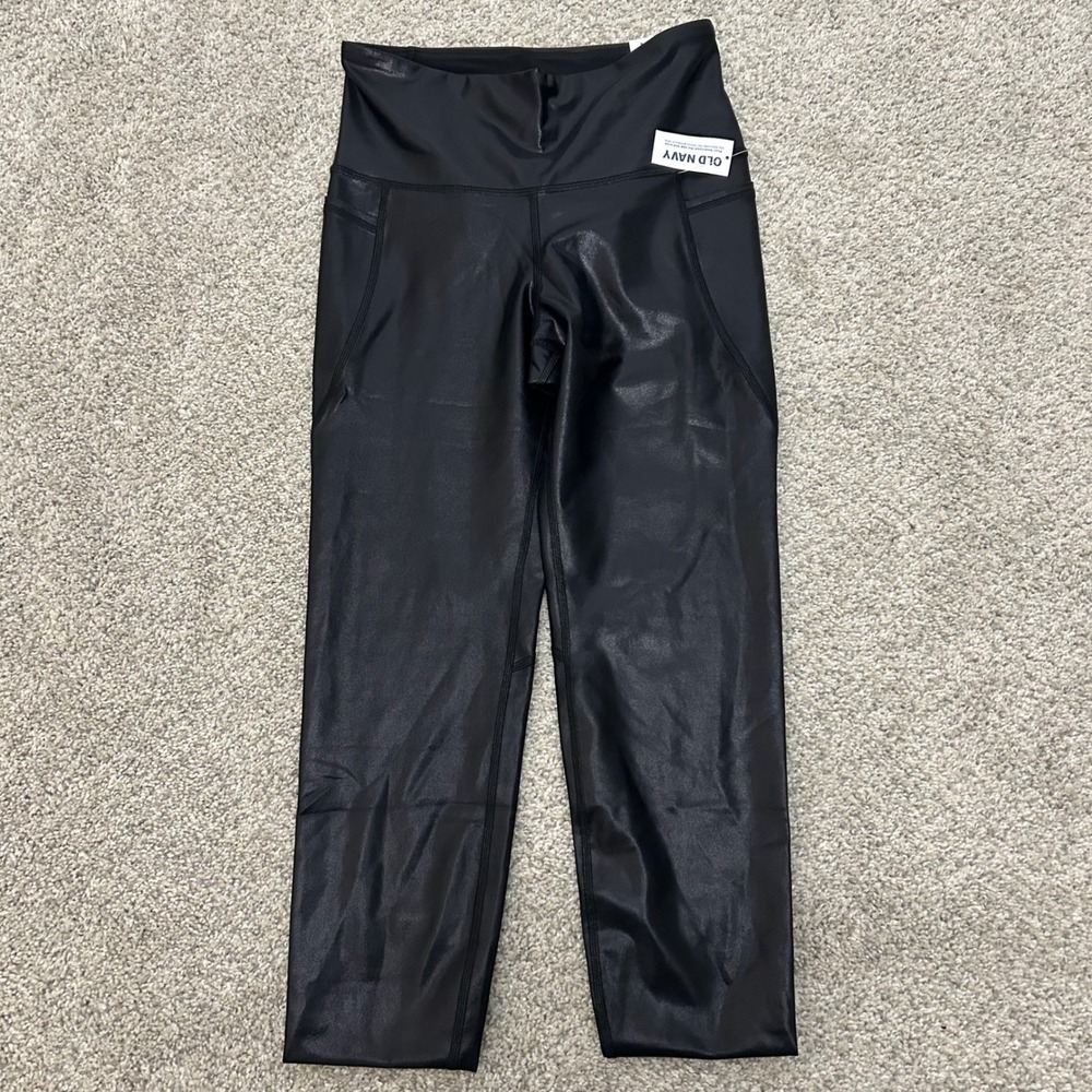 Old Navy Leggings Medium Black Powersoft High-Rise 7/8 Ankle Faux Leather New